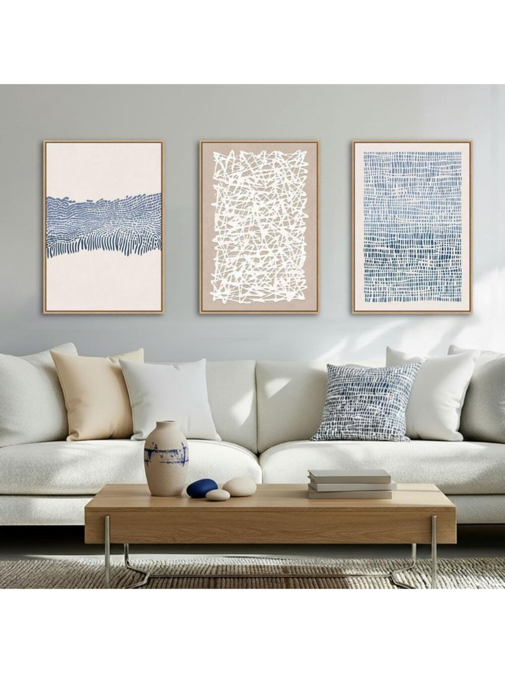Boho Abstract Wall Art Set - Blue Neutral Contrast, 3 Panels 16"x24" Decor